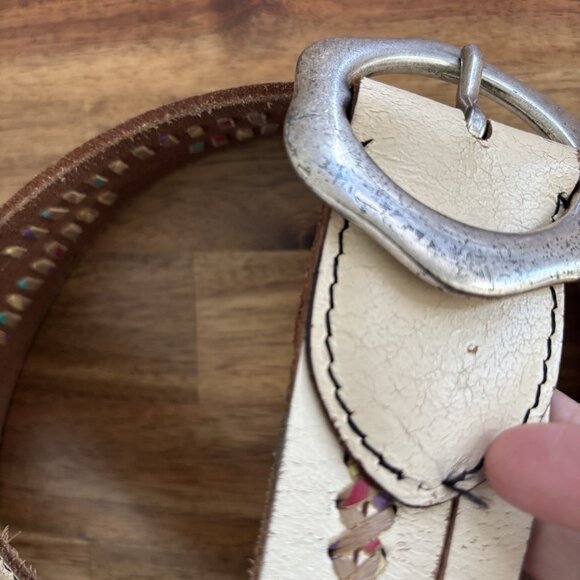 VTG Lucky Brand Leather Belt Womens L Flower Buckle Y2K Boho Southwestern Navajo - Picture 8 of 16